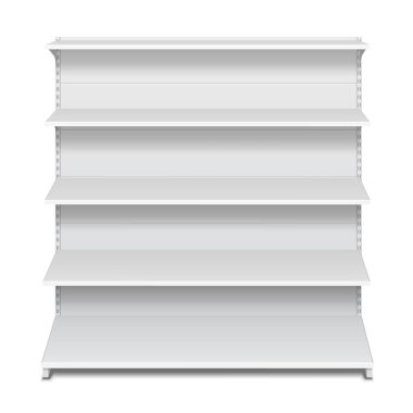 Uzun süre boş boş vitrin görüntüler perakende raflarında ön ile izole beyaz arka plan üzerinde 3d ürünler görüntülemek. Tasarımınız için hazır. Ürün reklam. Vektör Eps10