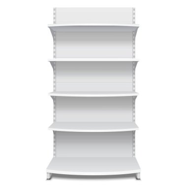 Boş boş vitrin ekran perakende raflarında. 3D. ön görünümü. Yukarı, şablon alay. İllüstrasyon izole beyaz arka plan üzerinde. Tasarımınız için hazır. Ürün reklam. Vektör Eps10