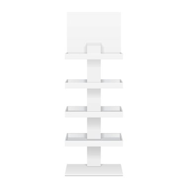 Perakende raflarında altında ekran raf süpermarket boş boş afiş sahte ile için yukarı katta. 3D izole beyaz arka plan üzerinde. Tasarımınız için hazır. Ürün reklam. Vektör Eps10