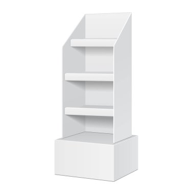 Süpermarket için karton zemin ekran raf. Boş boş rafları sahte ile. İllüstrasyon izole beyaz arka plan üzerinde. Tasarımınız için hazır. Ürün reklam. Vektör