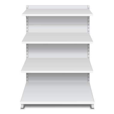 Boş boş vitrin ekran perakende raflarında. 3D. ön görünümü. Yukarı, şablon alay. İllüstrasyon izole beyaz arka plan üzerinde. Tasarımınız için hazır. Ürün reklam. Vektör Eps10
