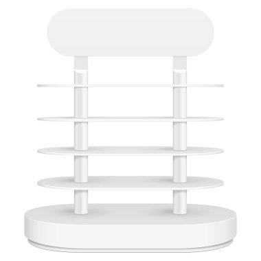 Yuvarlak zemin ekran raf süpermarket boş rafları ile için. 3D. ön görünümü. Yukarı, şablon alay. İllüstrasyon izole beyaz arka plan üzerinde. Tasarımınız için hazır. Ürün reklam. Vektör Eps10