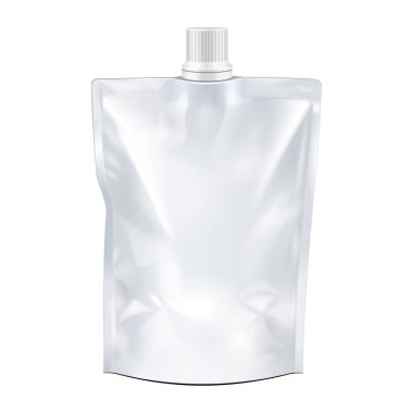 Boş gıda Doypack esnek çanta çanta emzik kapaklı. Yukarı, şablon alay. İllüstrasyon izole beyaz arka plan üzerinde. Tasarımınız için hazır. Ürün paketleme. Vektör Eps10