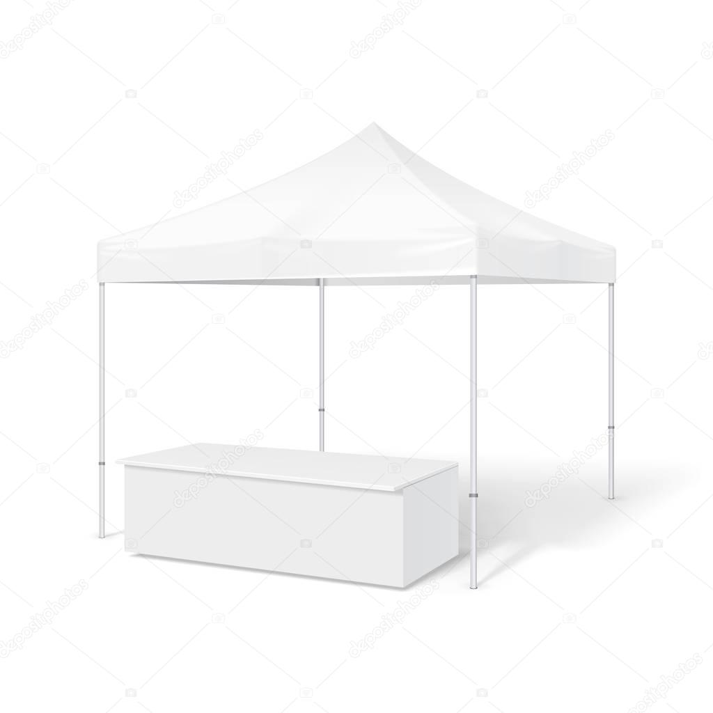 Promotional Outdoor Event Trade Show Pop-Up Tent Mobile Marquee. Mock Up, Template. Illustration Isolated On White Background. Ready For Your Design. Product Advertising. Vector EPS10