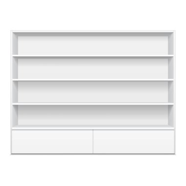 Boş boş vitrin ekran perakende raflarında. 3D. ön görünümü. Yukarı, şablon alay. İllüstrasyon izole beyaz arka plan üzerinde. Tasarımınız için hazır. Ürün reklam. Vektör Eps10