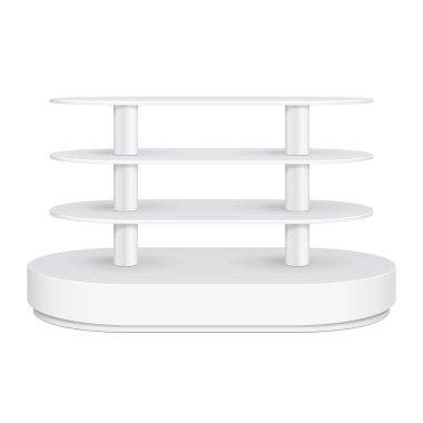 Yuvarlak zemin ekran raf süpermarket boş rafları ile için. 3D. ön görünümü. Yukarı, şablon alay. İllüstrasyon izole beyaz arka plan üzerinde. Tasarımınız için hazır. Ürün reklam. Vektör Eps10