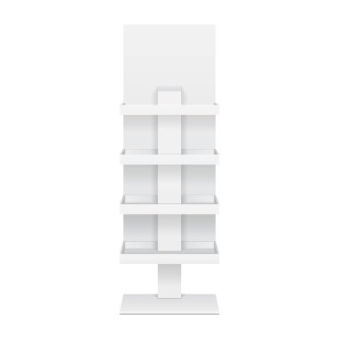 Perakende raflarında altında ekran raf süpermarket boş boş afiş sahte ile için yukarı katta. 3D izole beyaz arka plan üzerinde. Tasarımınız için hazır. Ürün reklam. Vektör Eps10