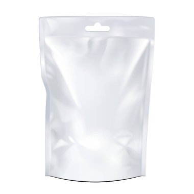 Boş gıda esnek çanta çanta ile asmak yarık. Yukarı, şablon alay. İllüstrasyon izole beyaz arka plan üzerinde. Tasarımınız için hazır. Ürün paketleme. Vektör Eps10