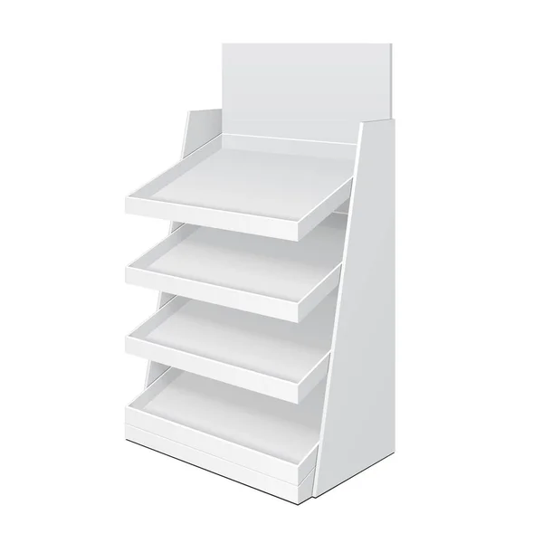 Χαρτόνι σκάλα πάτωμα εμφάνιση Rack για σουπερμάρκετ κενό κενό με ράφια πλαστή επάνω. Εικονογράφηση που απομονώνονται σε λευκό φόντο. Έτοιμο για το σχέδιό σας. Προϊόν διαφήμιση. Διάνυσμα — Διανυσματικό Αρχείο