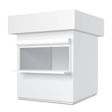 Promosyon ya da ticaret açık Kiosk, Stand, gazete bayii. Açık önlü kulübe veya küp biçiminde. Yukarı, şablon alay. İllüstrasyon izole beyaz arka plan üzerinde. Tasarımınız için hazır. Ürün reklam vektör Eps10