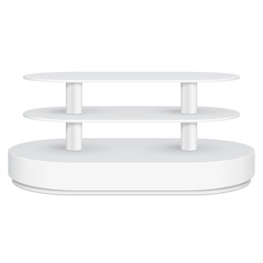 Yuvarlak zemin ekran raf süpermarket boş rafları ile için. 3D. ön görünümü. Yukarı, şablon alay. İllüstrasyon izole beyaz arka plan üzerinde. Tasarımınız için hazır. Ürün reklam. Vektör Eps10