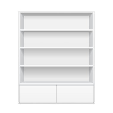 Boş boş vitrin ekran perakende raflarında. 3D. ön görünümü. Yukarı, şablon alay. İllüstrasyon izole beyaz arka plan üzerinde. Tasarımınız için hazır. Ürün reklam. Vektör Eps10
