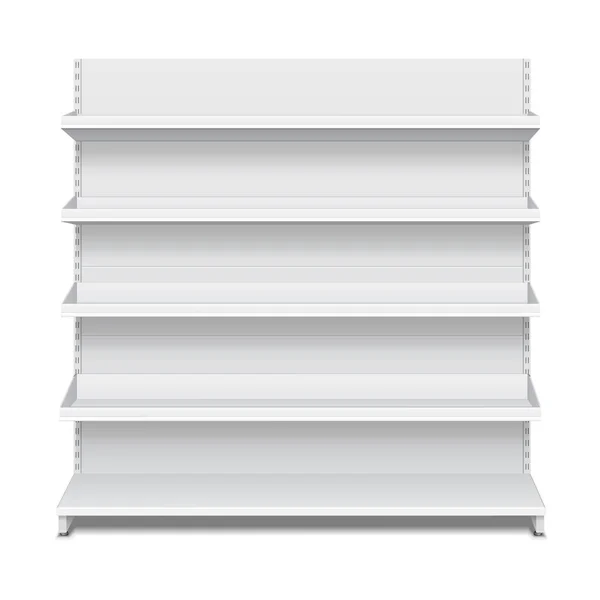 Long Blank Empty Showcase Displays with Retail Shelves Front View 3D Products On White Background Isolated. Ready for Your Design. Реклама продукции. Вектор S10 — стоковый вектор