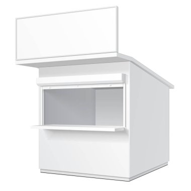 Promosyon ya da ticaret açık Kiosk, Stand, gazete bayii. Açık önlü kulübe veya küp biçiminde. Yukarı, şablon alay. İllüstrasyon izole beyaz arka plan üzerinde. Tasarımınız için hazır. Ürün reklam vektör Eps10