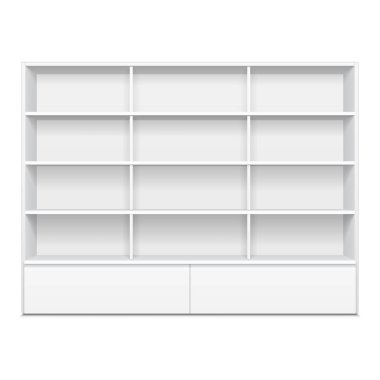 Boş boş vitrin ekran perakende raflarında. 3D. ön görünümü. Yukarı, şablon alay. İllüstrasyon izole beyaz arka plan üzerinde. Tasarımınız için hazır. Ürün reklam. Vektör Eps10