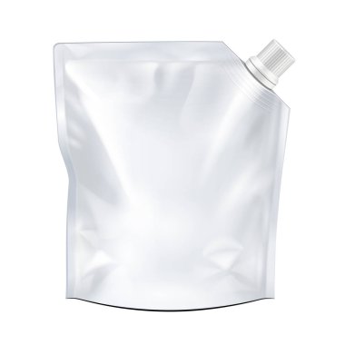 Boş gıda Doypack esnek çanta çanta köşe emzik kapaklı. Yukarı, şablon alay. İllüstrasyon izole beyaz arka plan üzerinde. Tasarımınız için hazır. Ürün paketleme. Vektör Eps10