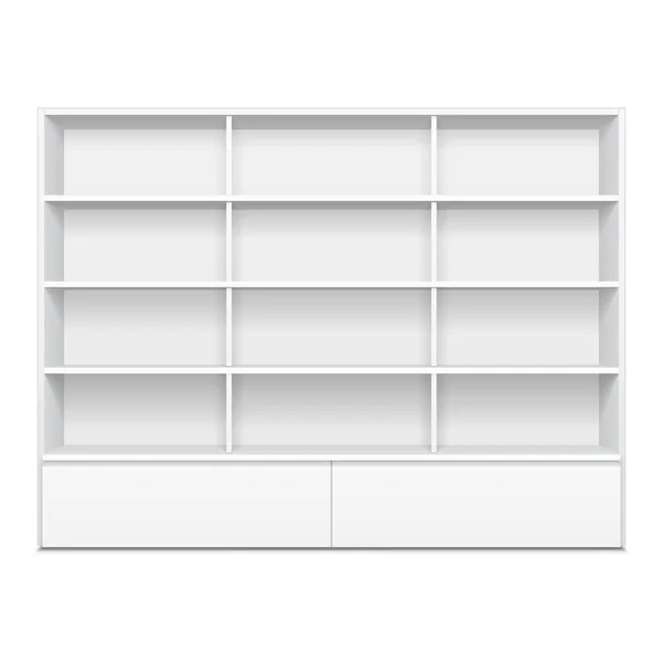 Blank Empty Showcase Display With Retail Shelves. 3D. Front View. Mock Up, Template. Illustration Isolated On White Background. Ready For Your Design. Product Advertising. Vector EPS10 — Stock Vector