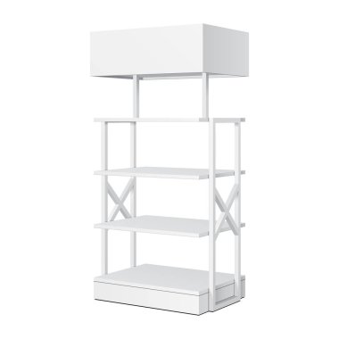 Perakende raflarında altında ekran raf süpermarket boş boş afiş sahte ile için yukarı katta. 3D izole beyaz arka plan üzerinde. Tasarımınız için hazır. Ürün reklam. Vektör Eps10