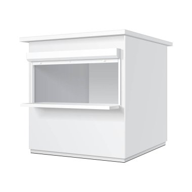 Promosyon ya da ticaret açık Kiosk, Stand, gazete bayii. Açık önlü kulübe veya küp biçiminde. Yukarı, şablon alay. İllüstrasyon izole beyaz arka plan üzerinde. Tasarımınız için hazır. Ürün reklam vektör Eps10
