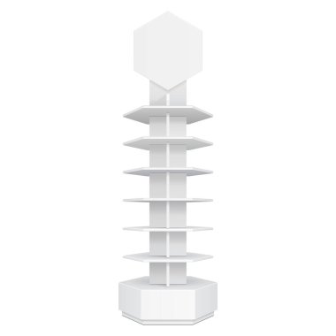 Altıgen, altıgen Pos POI karton zemin ekran raf süpermarket boş boş için. Kadar alay et. İllüstrasyon izole beyaz arka plan üzerinde. Tasarımınız için hazır. Ürün reklam. Vektör Eps10