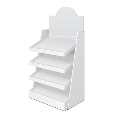 Karton merdiven yere ekran raf ile boş boş alay kadar raflar Supermarket için. İllüstrasyon izole beyaz arka plan üzerinde. Tasarımınız için hazır. Ürün reklam. Vektör Eps10