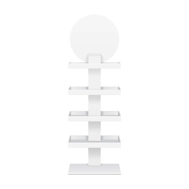 Perakende raflarında kat ekran raf süpermarket boş boş görüntüler afiş kadar alay için. 3D izole beyaz arka plan üzerinde. Tasarımınız için hazır. Ürün reklam. Vektör Eps10