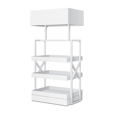 Perakende raflarında altında ekran raf süpermarket boş boş afiş sahte ile için yukarı katta. 3D izole beyaz arka plan üzerinde. Tasarımınız için hazır. Ürün reklam. Vektör Eps10