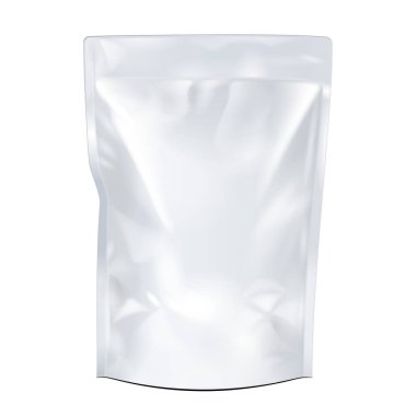 Boş gıda esnek kese Snack poşet çanta. Yukarı, şablon alay. İllüstrasyon izole beyaz arka plan üzerinde. Tasarımınız için hazır. Ürün paketleme. Vektör Eps10