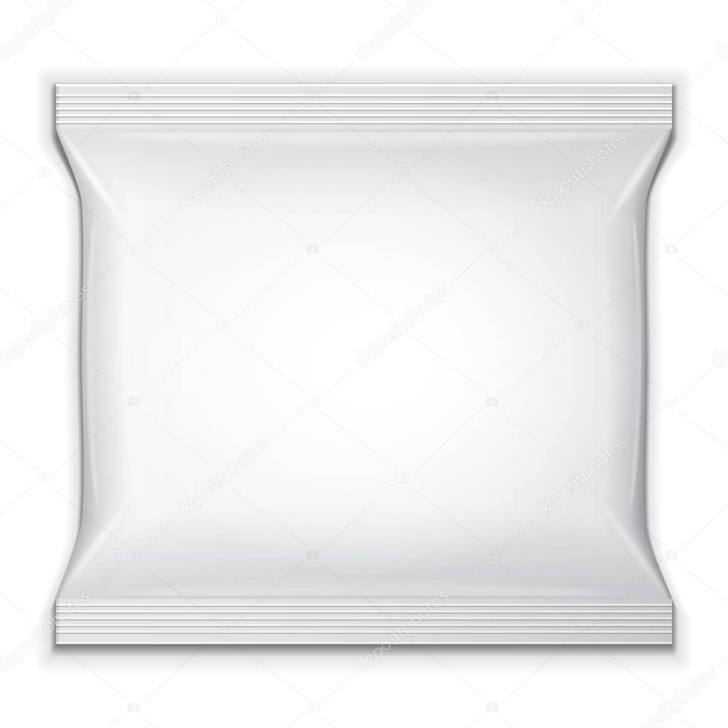 Blank Foil Food Snack Sachet Bag Packaging For Sweets, Chips, Cookies Or Candy. Mock Up Template. Illustration Isolated On White Background. Ready For Your Design. Product Packaging. Vector