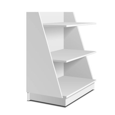 Perakende raflarında kat ekran raf süpermarket boş boş görüntüler afiş kadar alay için. 3D izole beyaz arka plan üzerinde. Tasarımınız için hazır. Ürün reklam. Vektör Eps10