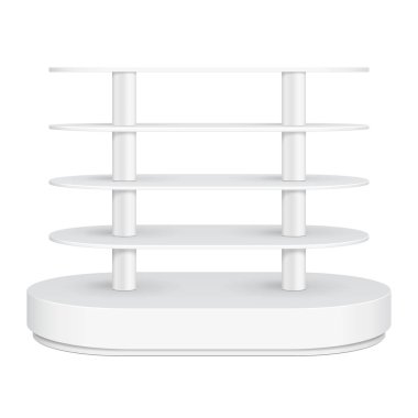Yuvarlak zemin ekran raf süpermarket boş rafları ile için. 3D. ön görünümü. Yukarı, şablon alay. İllüstrasyon izole beyaz arka plan üzerinde. Tasarımınız için hazır. Ürün reklam. Vektör Eps10