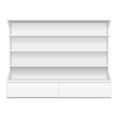 Boş boş vitrin ekran perakende raflarında. 3D. ön görünümü. Yukarı, şablon alay. İllüstrasyon izole beyaz arka plan üzerinde. Tasarımınız için hazır. Ürün reklam. Vektör Eps10