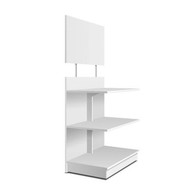 Perakende raflar, raf ticareti ile boş boş vitrin görüntüler. Yukarı, şablon alay. İllüstrasyon izole beyaz arka plan üzerinde. Tasarımınız için hazır. Ürün reklam. Vektör Eps10.