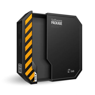 Açılan Octagon Modern siyah bilgisayar yazılımı paket kutu, sarı, turuncu. Yukarı, şablon alay. İllüstrasyon izole beyaz arka plan üzerinde. Ürün reklam. Vektör Eps10