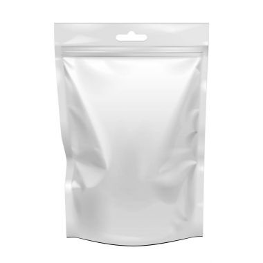 Esnek kese Snack poşet çanta boş gıda ayağa. Yukarı, şablon alay. İllüstrasyon izole beyaz arka plan üzerinde. Tasarımınız için hazır. Ürün paketleme. Vektör Eps10