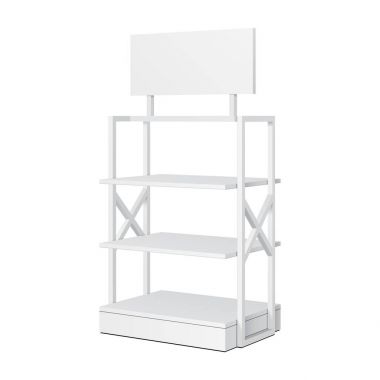 Perakende raflarında altında ekran raf süpermarket boş boş afiş sahte ile için yukarı katta. 3D izole beyaz arka plan üzerinde. Tasarımınız için hazır. Ürün reklam. Vektör Eps10