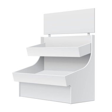 Süpermarket için zemin ekran raf. Raflar ile boş boş görüntüler kadar alay et. İllüstrasyon izole beyaz arka plan üzerinde. Tasarımınız için hazır. Ürün reklam. Vektör