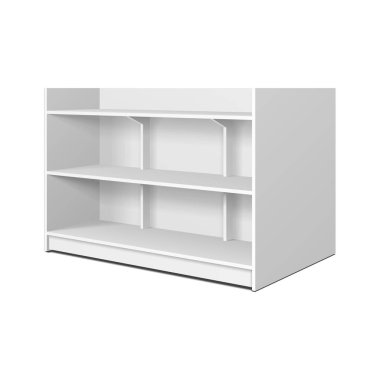 Perakende raflar, raf ticareti ile boş boş vitrin görüntüler. Yukarı, şablon alay. İllüstrasyon izole beyaz arka plan üzerinde. Tasarımınız için hazır. Ürün reklam. Vektör Eps10.