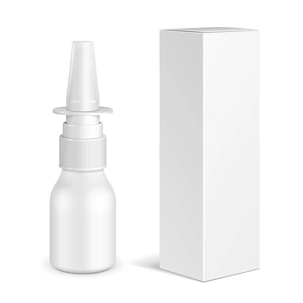 Spray Medical Nasal Antiseptic Drugs Plastic Bottle With Box. Common Cold, Allergies. Mock Up Ready For Your Design. Illustration Isolated On White Background. Vector EPS10 — Stock Vector