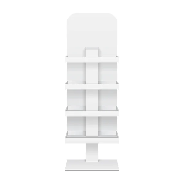 Rak Lantai Rak eceran Untuk Supermarket Tampilan Kosong Dengan Banner Mock Up. 3D Di Latar Belakang Putih Terisolasi. Siap Untuk Desain Anda. Iklan Produk. EPS10 Vektor - Stok Vektor