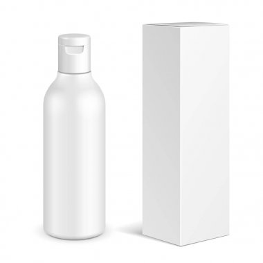 Kozmetik, hijyen, jel, sıvı sabun, losyon, krem, tıbbi gri tonlamalı plastik şişe şampuan kutusuyla. Tasarımınız için hazır kadar alay et. İllüstrasyon izole beyaz arka plan üzerinde. Vektör Eps10