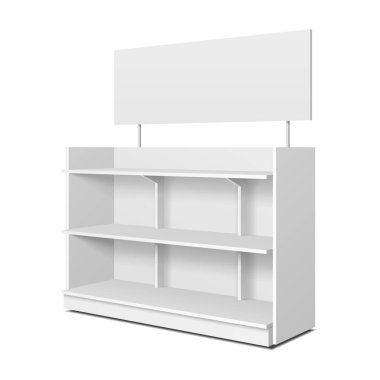 Perakende raflar, raf ticareti ile boş boş vitrin görüntüler. Yukarı, şablon alay. İllüstrasyon izole beyaz arka plan üzerinde. Tasarımınız için hazır. Ürün reklam. Vektör Eps10.