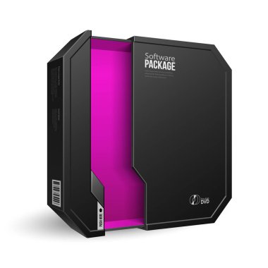 Açılan Octagon Modern siyah bilgisayar yazılımı paket kutu, Menekşe, mor, pembe iç. Yukarı, şablon alay. İllüstrasyon izole beyaz arka plan üzerinde. Ürün reklam. Vektör Eps10
