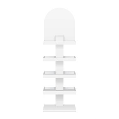 Perakende raflarında kat ekran raf süpermarket boş boş görüntüler afiş kadar alay için. 3D izole beyaz arka plan üzerinde. Tasarımınız için hazır. Ürün reklam. Vektör Eps10