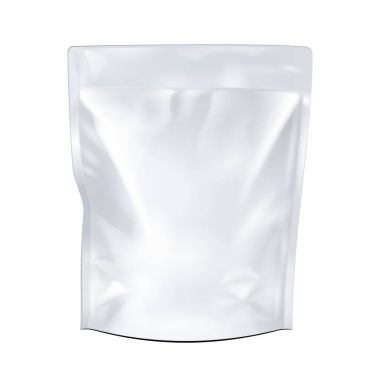 Esnek kese Snack poşet çanta boş gıda ayağa. Yukarı, şablon alay. İllüstrasyon izole beyaz arka plan üzerinde. Tasarımınız için hazır. Ürün paketleme. Vektör Eps10