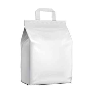 Kese Snack poşet çanta kulplu kadar boş Stand. Folyo veya kağıt gıda ambalaj. İllüstrasyon izole beyaz arka plan üzerinde. Yukarı, Mockup şablon hazır tasarımınız için alay. Vektör Eps10