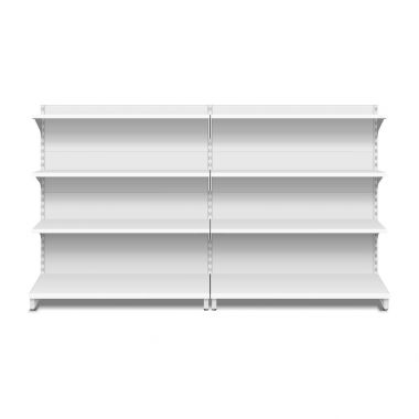 Boş boş vitrin ekran perakende raflarında. 3D. ön görünümü. Yukarı, şablon alay. İllüstrasyon izole beyaz arka plan üzerinde. Tasarımınız için hazır. Ürün reklam. Vektör Eps10