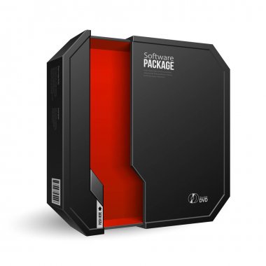 Açılan Octagon Modern siyah bilgisayar yazılımı paket kutu, içinde kırmızı. Yukarı, şablon alay. İllüstrasyon izole beyaz arka plan üzerinde. Ürün reklam. Vektör Eps10