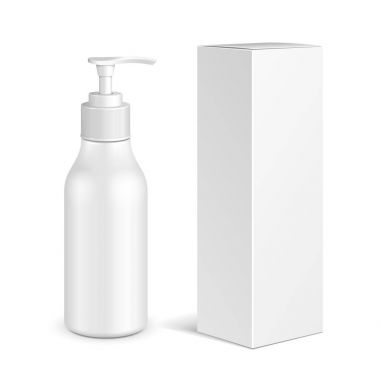 Kozmetik, hijyen, jel, sıvı sabun, losyon, krem, tıbbi gri tonlamalı plastik şişe şampuan kutusuyla. Tasarımınız için hazır kadar alay et. İllüstrasyon izole beyaz arka plan üzerinde. Vektör Eps10