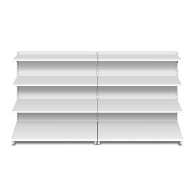 Boş boş vitrin ekran perakende raflarında. 3D. ön görünümü. Yukarı, şablon alay. İllüstrasyon izole beyaz arka plan üzerinde. Tasarımınız için hazır. Ürün reklam. Vektör Eps10